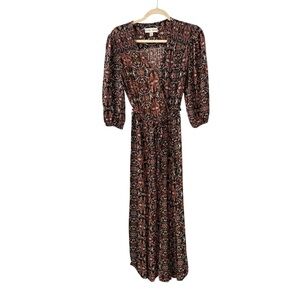 Knox Rose Small Black Orange White Floral Faux Wrap Maxi Dress 100% Rayon